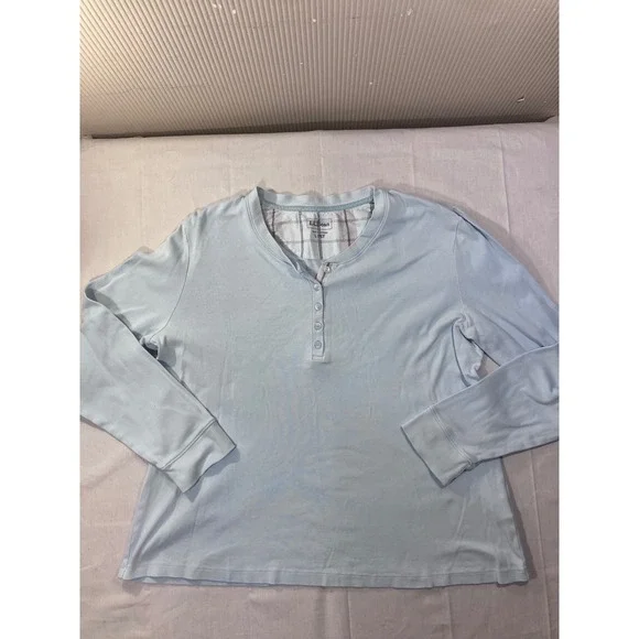LLBean Long Sleeve Henley Pajama Set Top Pants Light Blue Plaid Cotton L PET - Picture 2 of 15